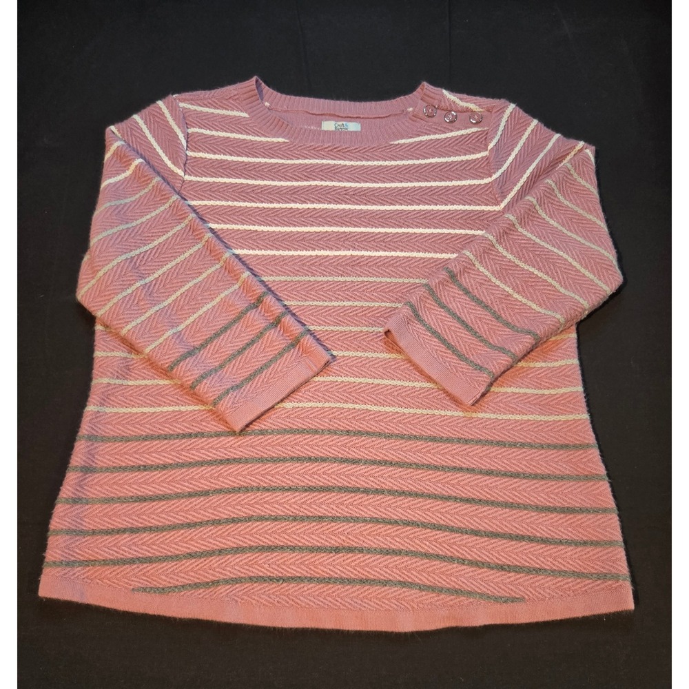 Croft & Barrow Pink Striped Chevron Knit Sweater Button Shoulder Large Womens